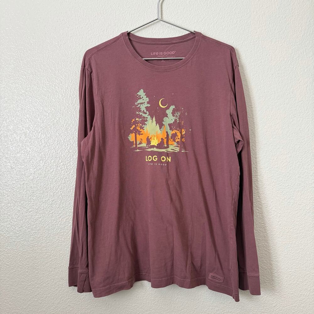 Life Is Good Crusher-Lite Long Sleeve Log On Campfire long sleeve tee brown